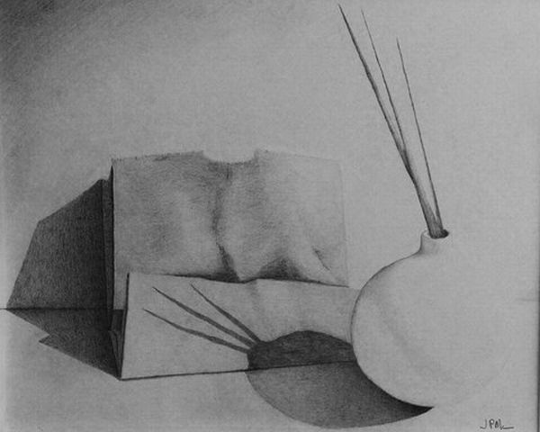 Paper bad and pot pencil drawing